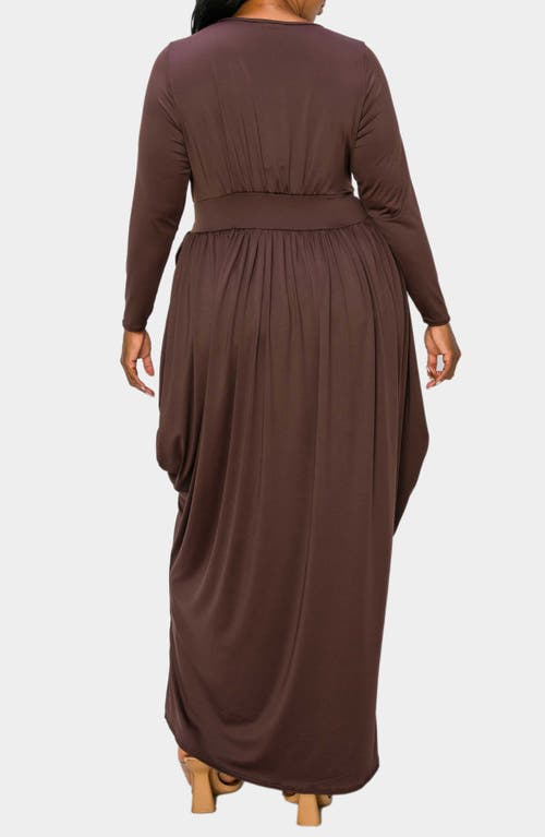 Shop L I V D Giuliana Long Sleeve Tulip Hem Faux Wrap Maxi Dress In Brown