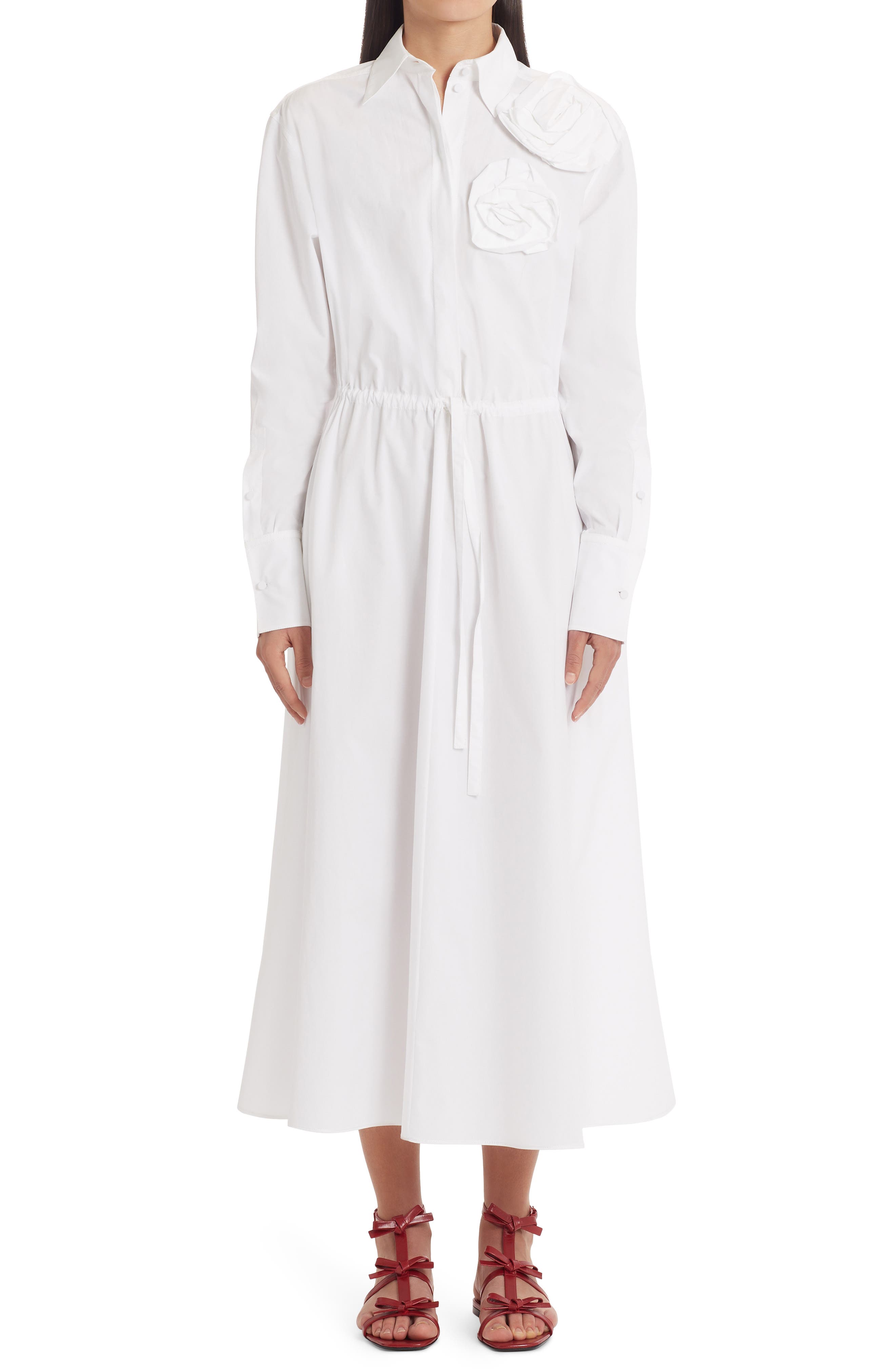 Valentino Floral Applique Long Sleeve Cotton Poplin Midi Dress in 001 Bianco Ottico at Nordstrom, Size 6 Us