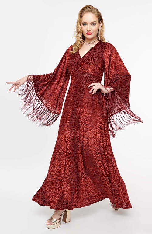 Smak Parlour Fringed Long Bell Sleeved Ruched Maxi Dress In Burgundy