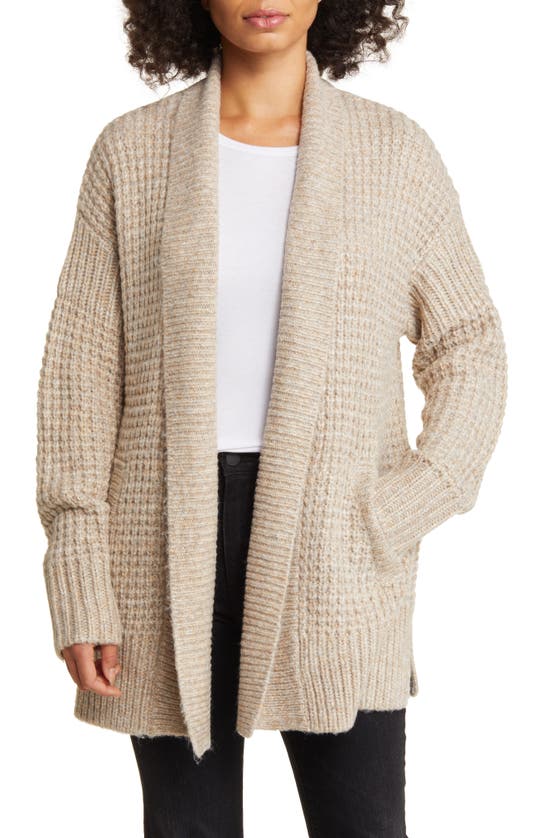 Caslon Oversize Open Front Waffle Knit Cardigan In Tan Doeskin Heather