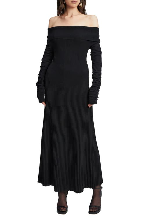 Marta Pleated Off the Shoulder Long Sleeve Maxi Dress in Black