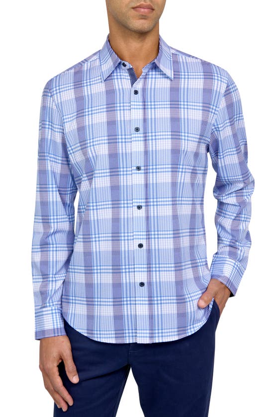 Construct Trim Fit Plaid Four-way Stretch Performance Dress Shirt In Blue