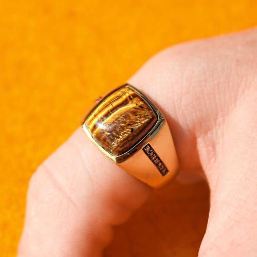 LUVMYJEWELRY LUVMYJEWELRY CHATOYANT YELLOW TIGER EYE SILVER DIAMOND MEN SIGNET RING 