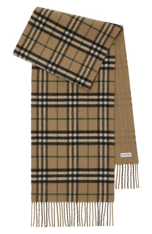 Shop Burberry Medium Icon Check Fringe Reversible Cashmere Scarf In Linden