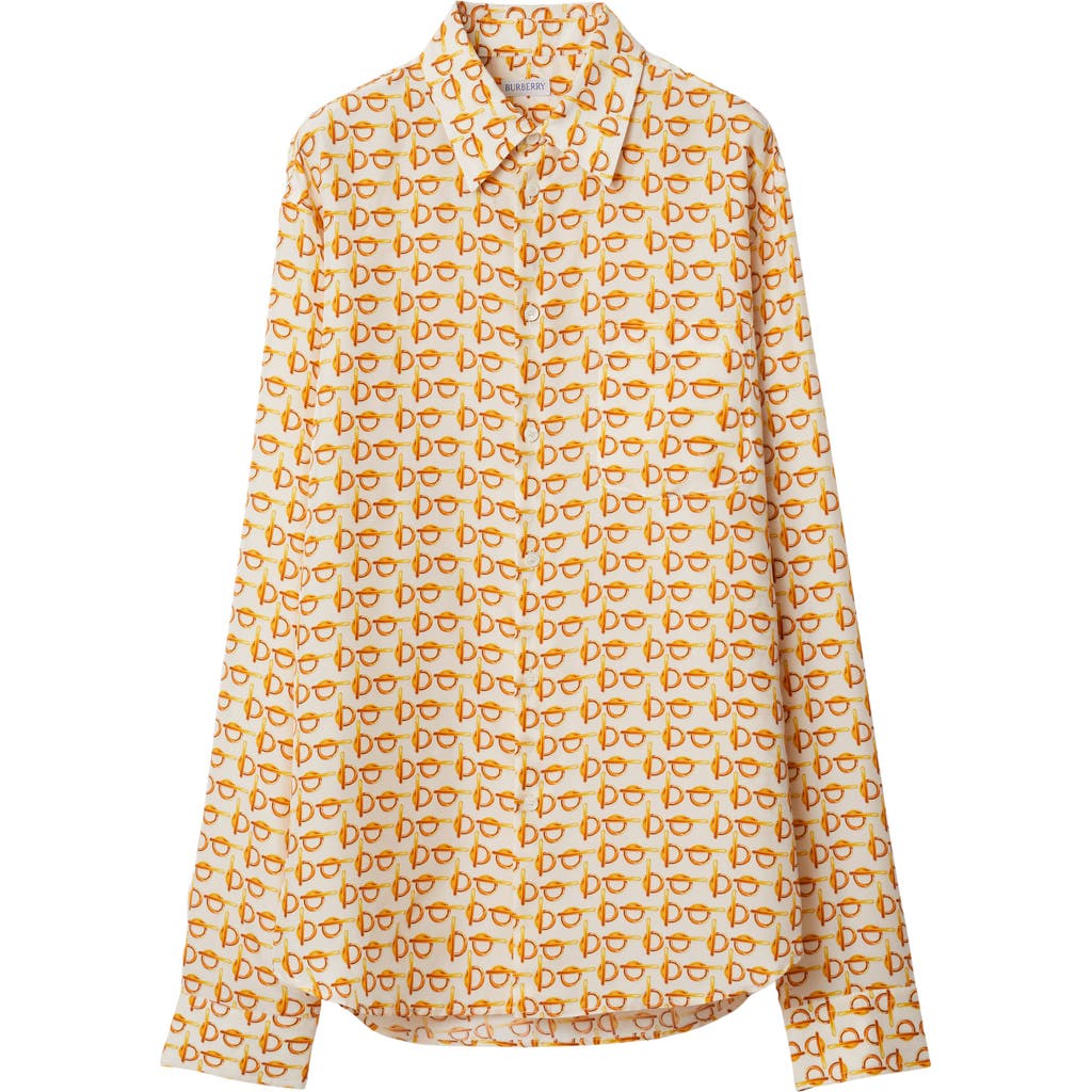 Shop Burberry B-closure Print Silk Poplin Shirt In Gold/white