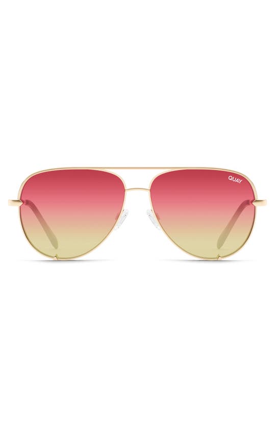Quay High Key 64mm Oversize Aviator Sunglasses In Gold/ Coral To Gold