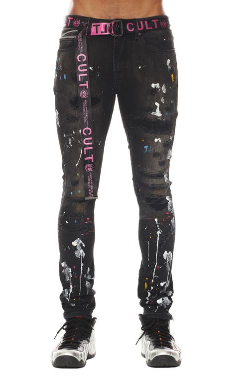 Cult of Individuality Punk Belted Rip & Repair Super Skinny Jeans in Caviar