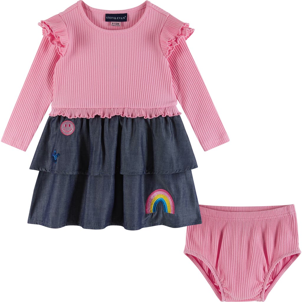 Andy & Evan Rainbow Rib Dress & Bloomers In Pink Chambray