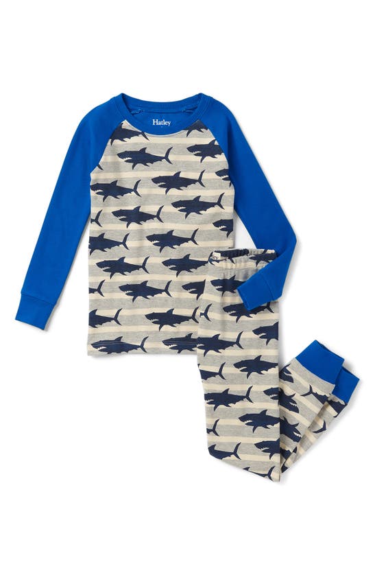 Hatley Kids' Hungry Sharks Colorblock Fitted Two-piece Cotton Pajamas In Athletic Grey Melange