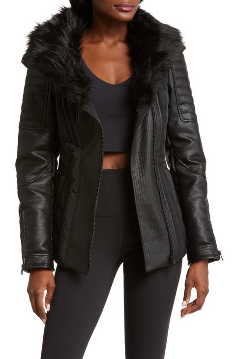 Sophia Hooded Mixed Media Faux Leather Quilted Jacket with Removable Faux Fur Trim