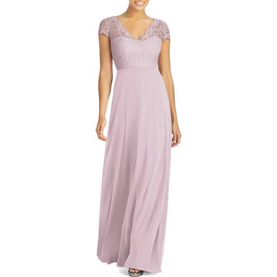 Dessy Collection Cap Sleeve Lace & Chiffon Gown, Pink