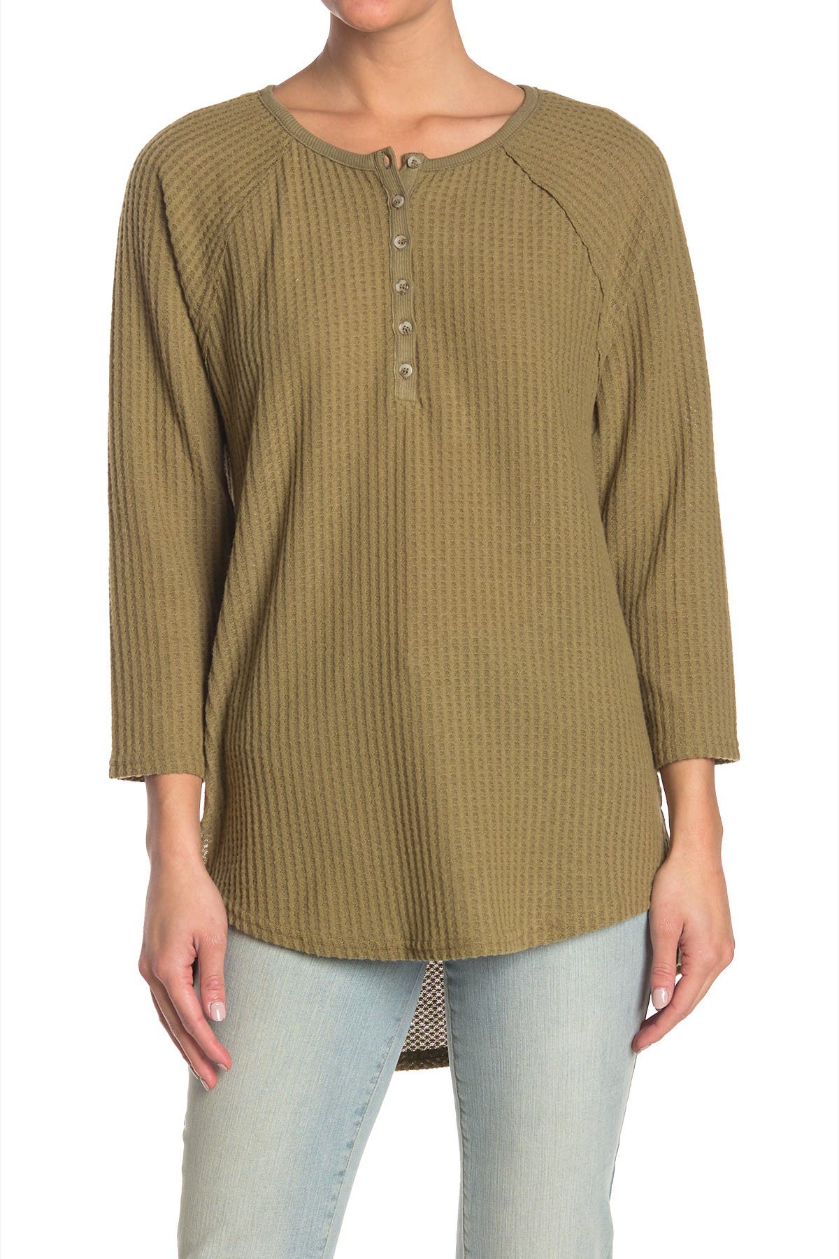 Melloday 3/4 Length Sleeve Brushed Waffle Henley In Dark Green