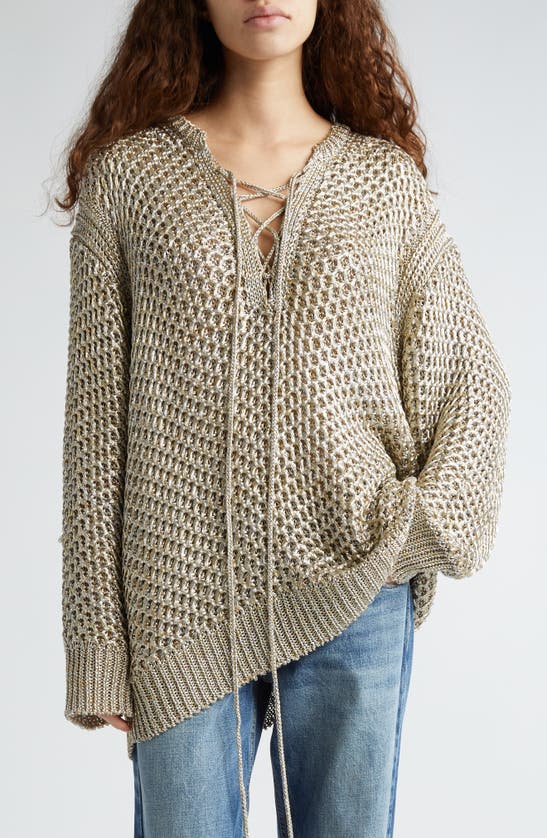 Stella Mccartney Lace-up Metallic Tunic Sweater In 8945 - Silver/ Gold