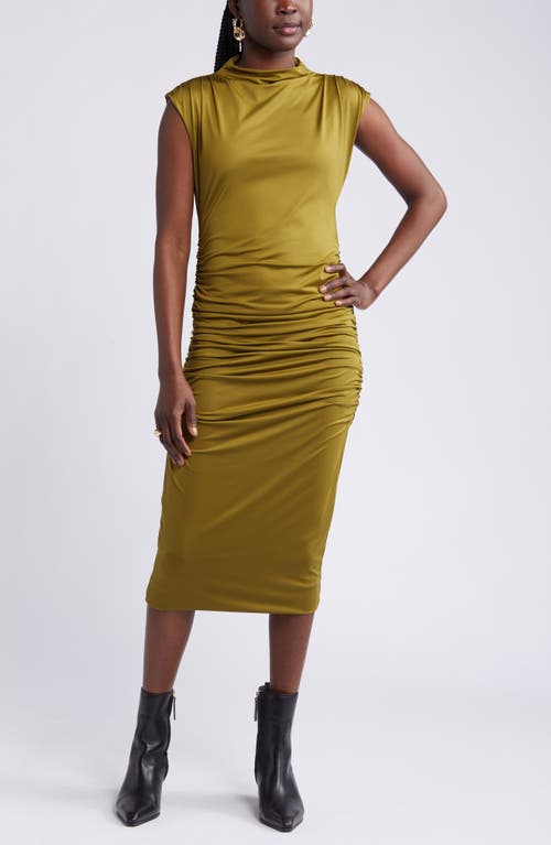 Open Edit Ruched Body-Con Midi Dress in Olive Avocado 