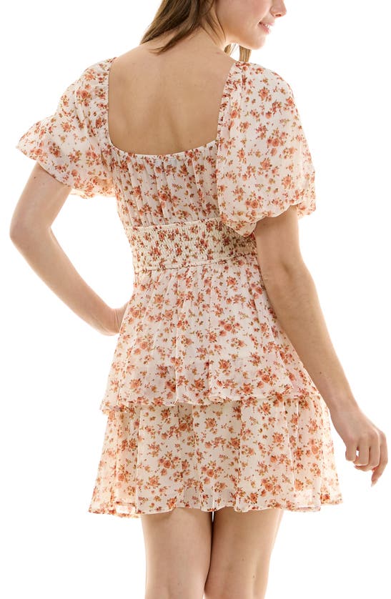 Shop Row A Floral Smocked Waist Tiered Minidress In Ivory Brick