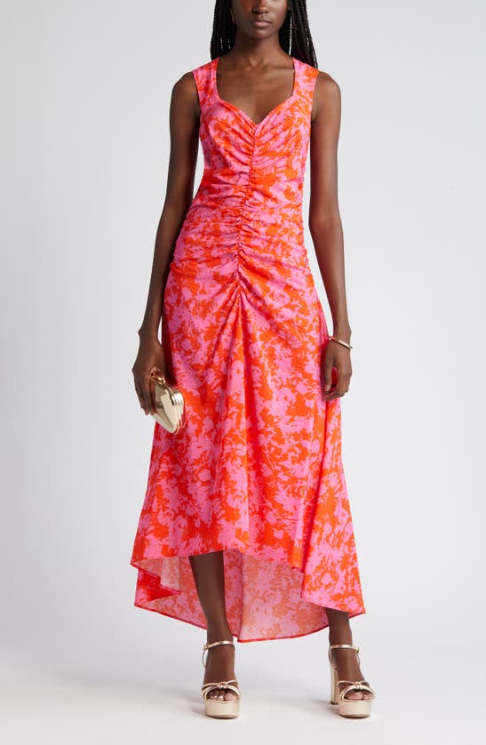 Shop Chelsea28 Ruched High-low Midi Dress In Orange/ Pink Branches
