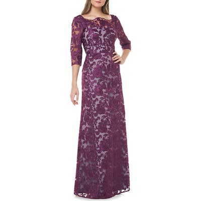 Js Collections Scallop Neck Embroidered Lace Gown, Purple