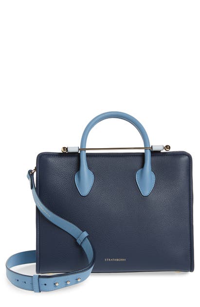 Click to view more detailed imagery on our partner's website Strathberry Midi Colorblock Leather Tote In Alice Blue/navy/illusion Blue