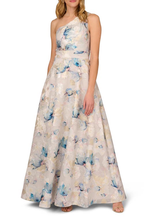 Metallic Floral Jacquard One-Shoulder Gown in Blue Multi
