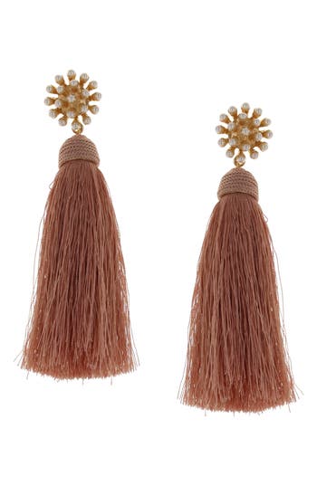 Shop Olivia Welles Briella Imitation Pearl & Tassel Drop Earrings In Gold/rose