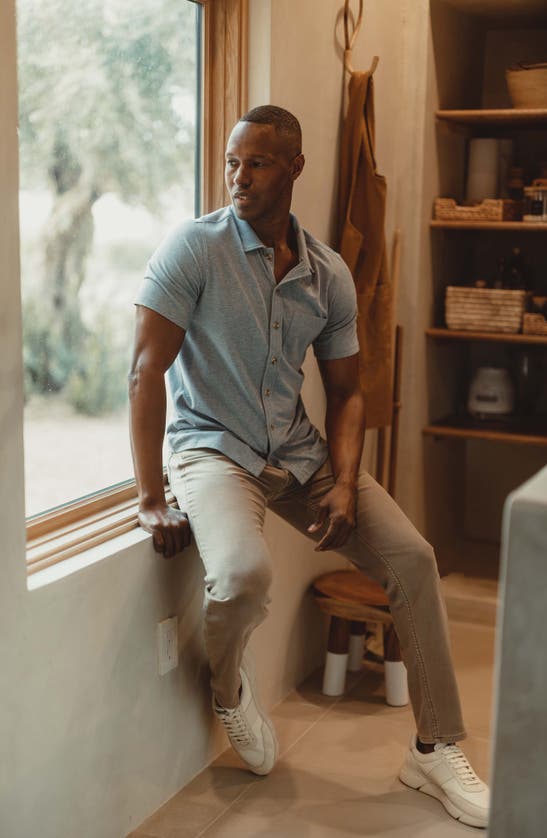 The Normal Brand Puremeso Solid Short Sleeve Knit Button-up Shirt In Lake Blue
