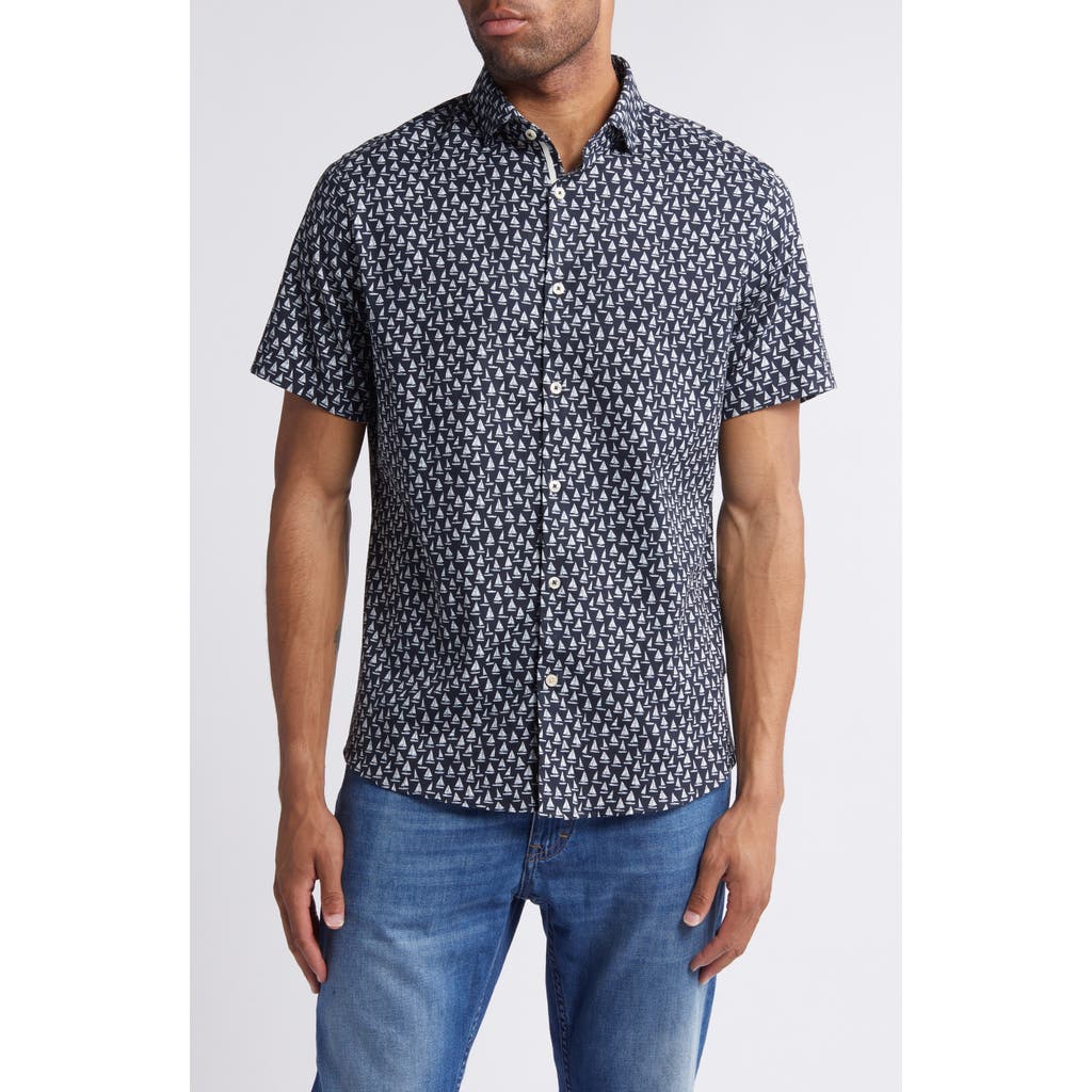 Stone Rose Sailboat Print Short Sleeve Stretch Cotton & Lyocell Button-up Shirt In Navy