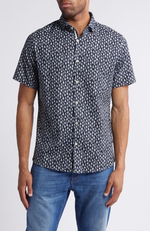 Sailboat Print Short Sleeve Stretch Cotton & Lyocell Button-Up Shirt in Navy