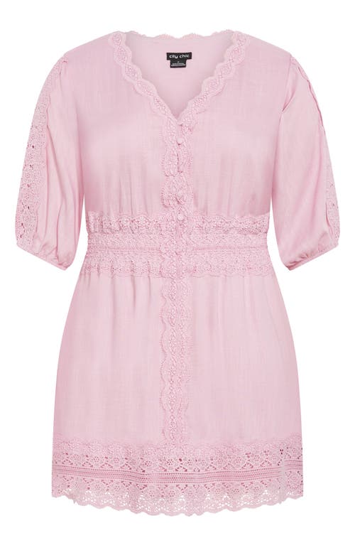 Shop City Chic Belle Puff Sleeve Button Front Lace Dress In Lavender