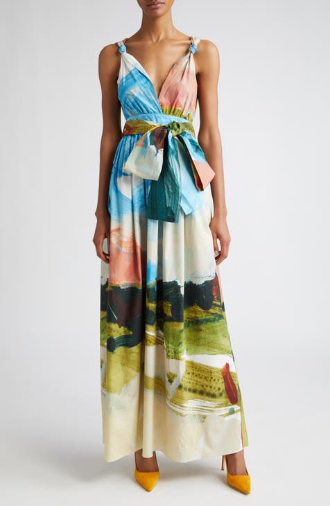 Landscape Print Bow Detail Stretch Cotton Dress