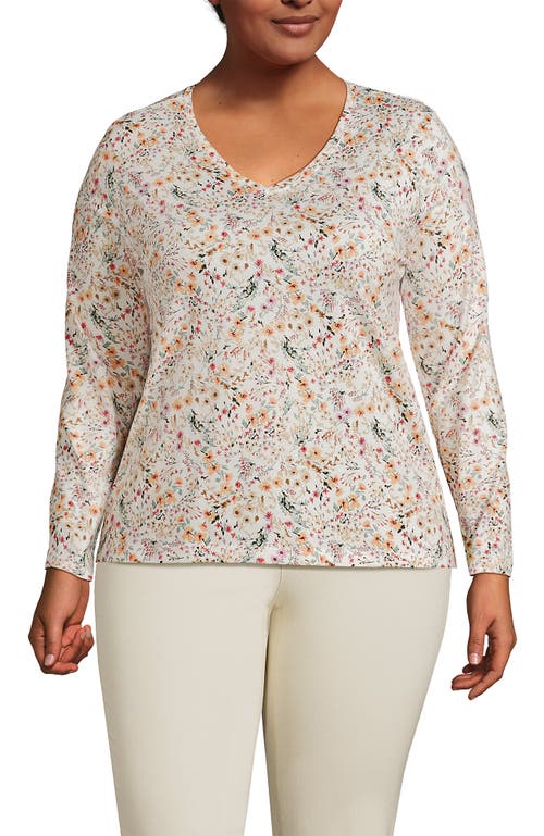 Shop Lands' End Plus Size Relaxed Supima Cotton Long Sleeve V-neck T-shirt In Ivory Wildflowers