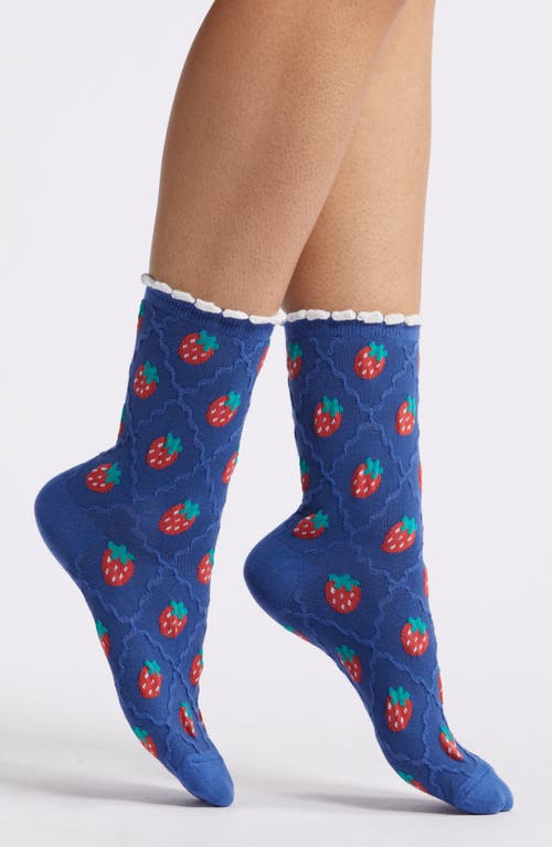 Strawberry Embroidered Cotton Crew Socks in Blue Berry