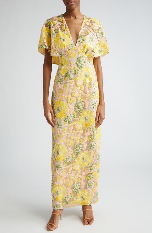 Sequin Embroidered Flutter Sleeve Column Gown in Limoncello