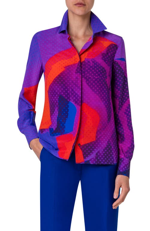 Akris Dot Print Colorblock Silk Crepe Button-Up Shirt 067 Purple-Multicolor at Nordstrom,
