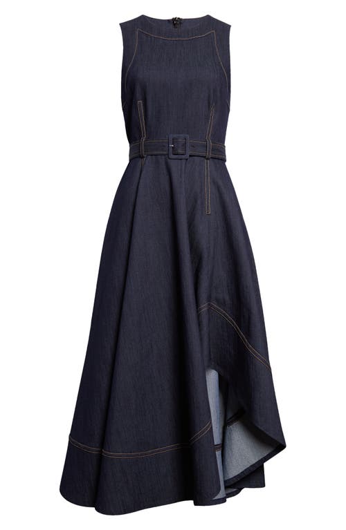 Cinq À Sept Zelda Belted Asymmetric Sleeveless Denim Midi Dress In Indigo