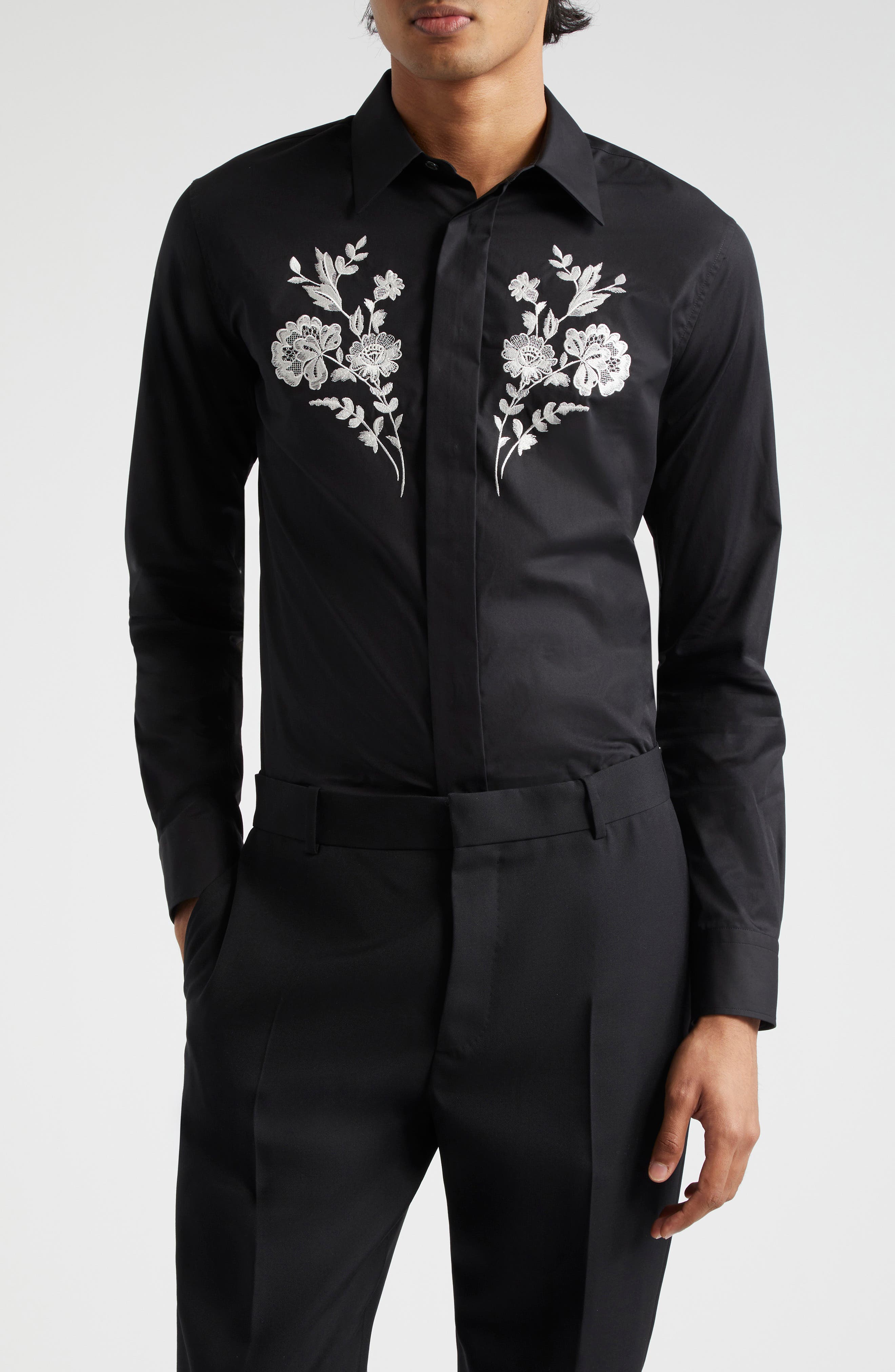 Alexander McQueen Floral Embroidered Cotton Button-Up Shirt | Nordstrom