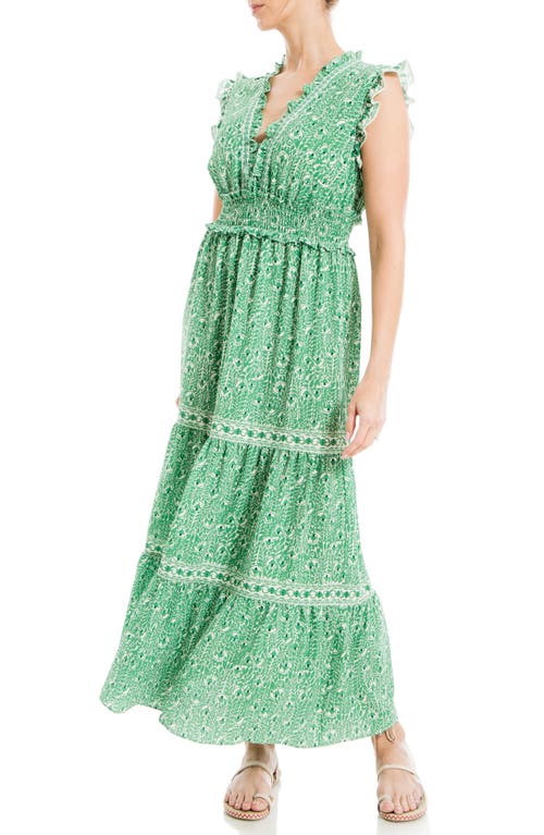 Shop Max Studio Sleeveless Smocked Floral Print Tiered Maxi Dress In Green Whispering