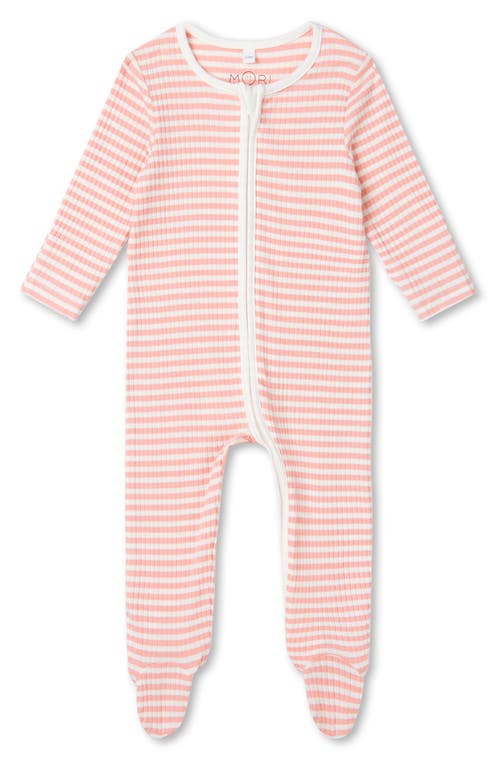 Mori Rib Stripe Footie In Pink Stripe