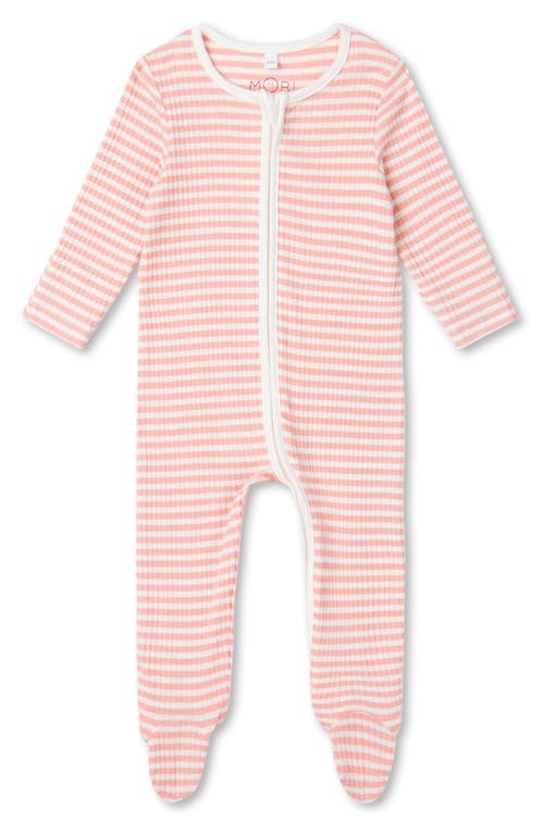 Shop Mori Rib Stripe Footie In Pink Stripe