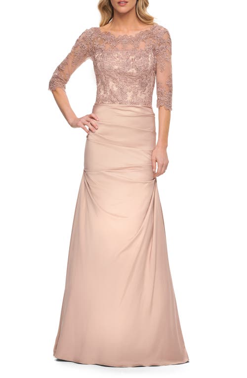La Femme Classic Floral Lace Gown in Pink Champagne