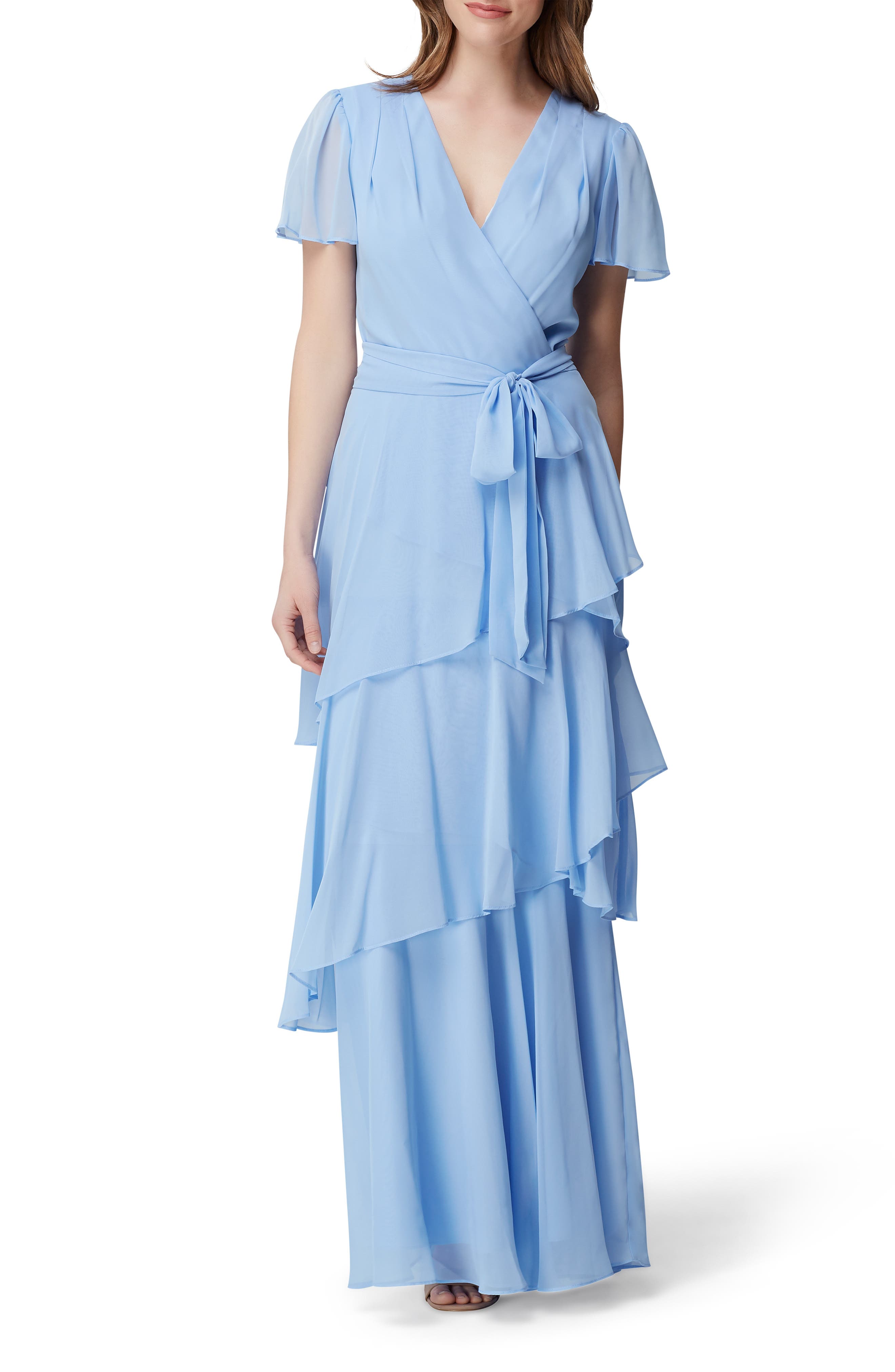 Tahari Flutter Sleeve Tiered Ruffle Chiffon Evening Gown, Blue