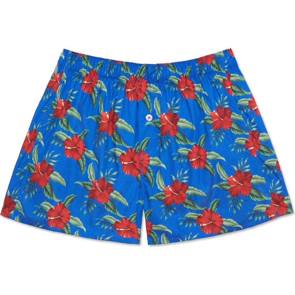 Druthers Nyc Organic Cotton Oahu Hawaiian Print Boxer Short In Royal Blue