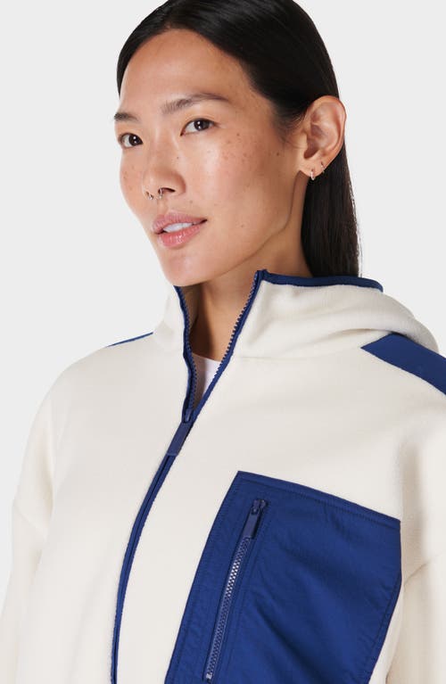 Shop Sweaty Betty Roam Fleece Hooded Jacket In Lilywhite Fluxblue