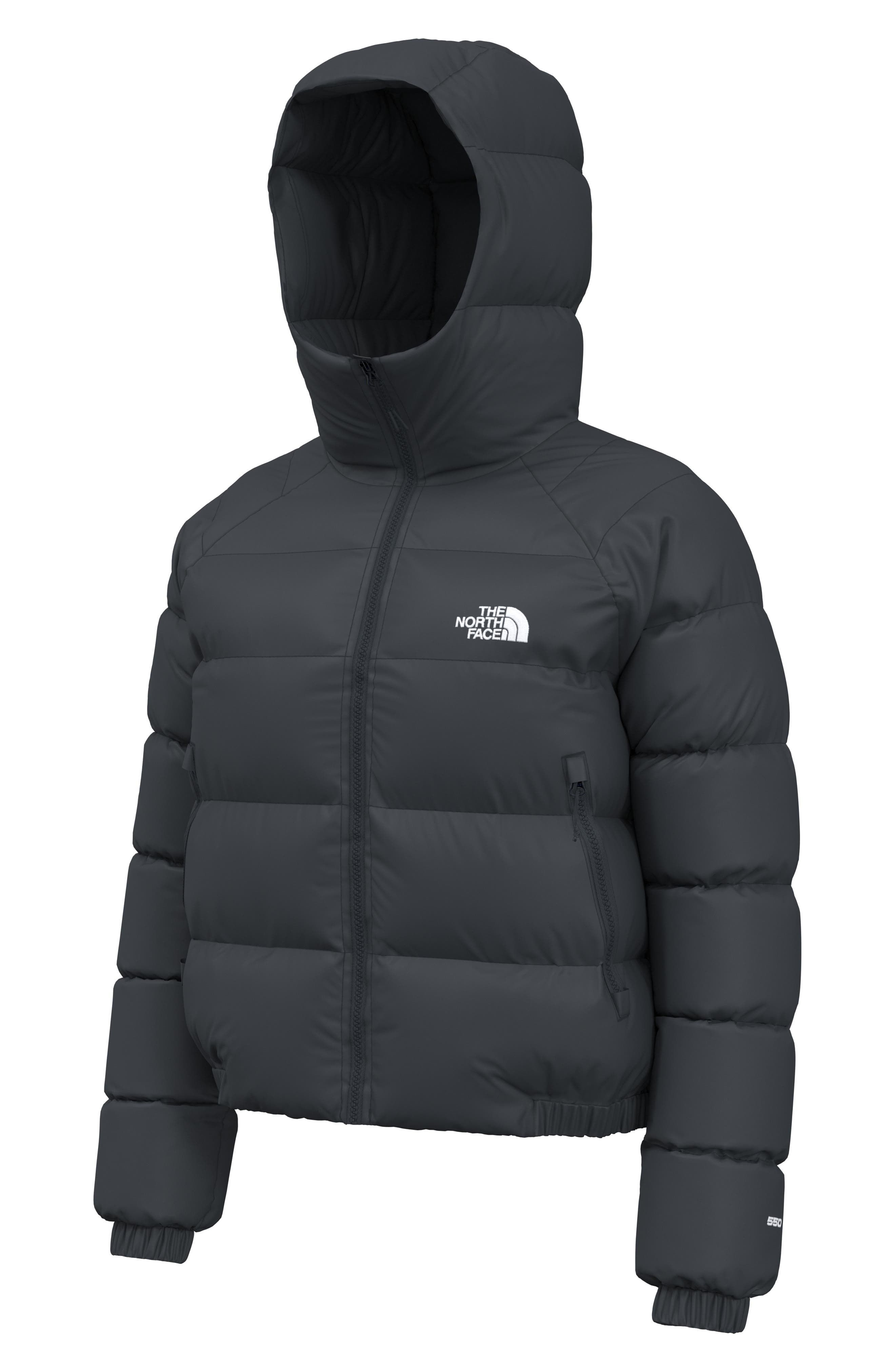 north face black hooded puffer jacket