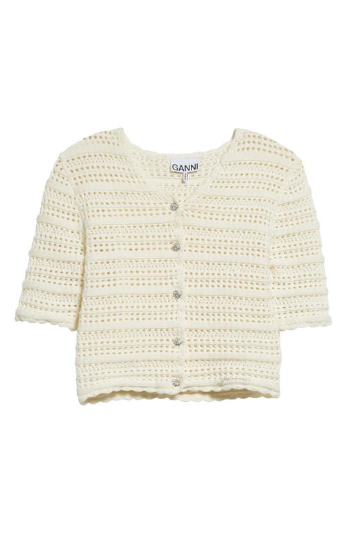 Shop Ganni Crop Pointelle Organic Cotton Cardigan In Egret