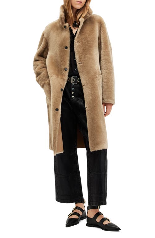 Shop Allsaints Serra Reversible Genuine Shearling Coat In Taupe Brown