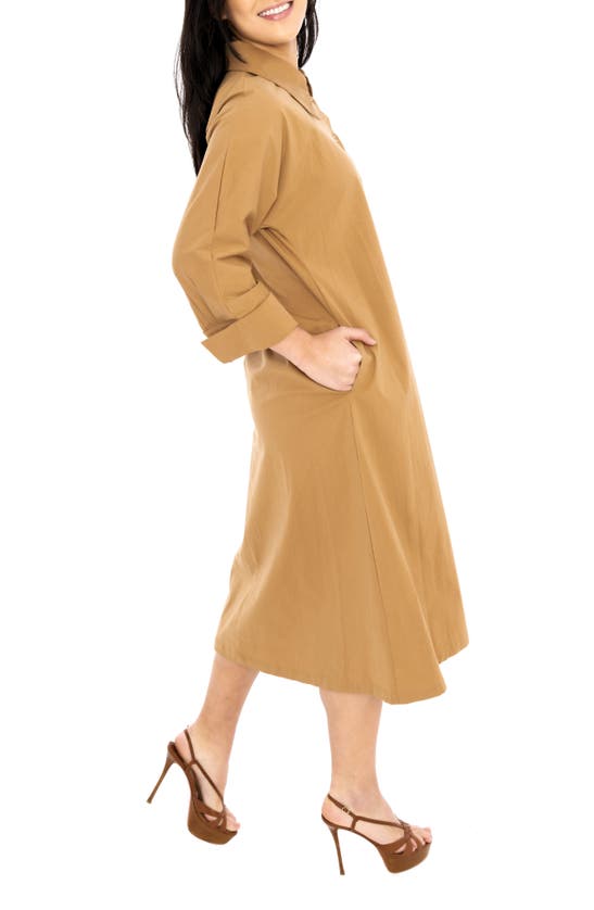 Shop Dai Moda Oversize Long Sleeve Stretch Organic Cotton Shirtdress In Brown