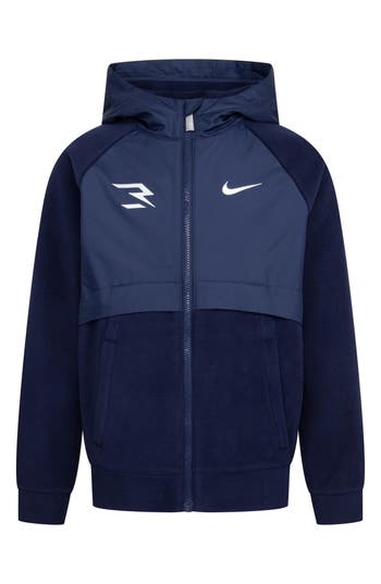 3 Brand Kids' Mixed Media Fleece Zip Hoodie In Midnight Navy