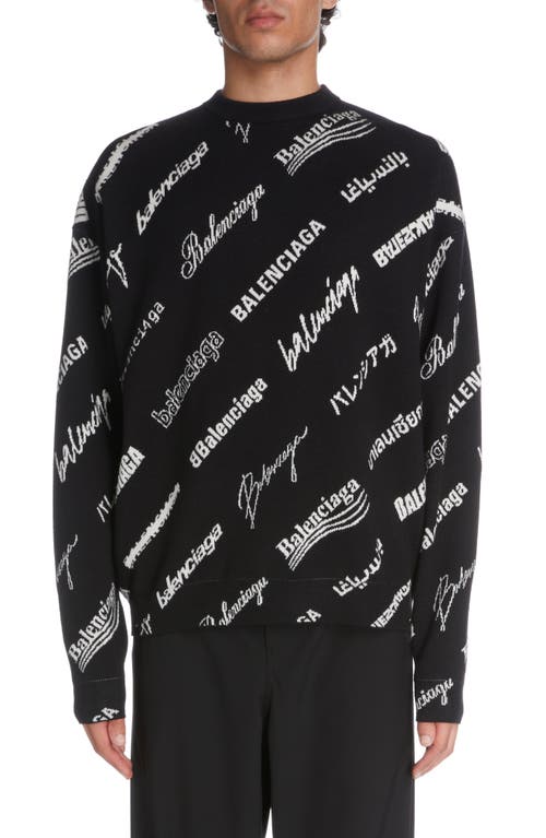 Balenciaga Multi Logo Jacqaurd Wool Blend Sweater In Black