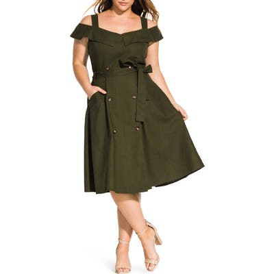 Plus Size City Chic Commando Linen Blend Cold Shoulder Dress, Green