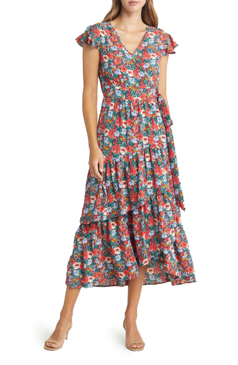 MELLODAY Floral Print Flutter Sleeve Faux Wrap Midi Dress | Nordstrom